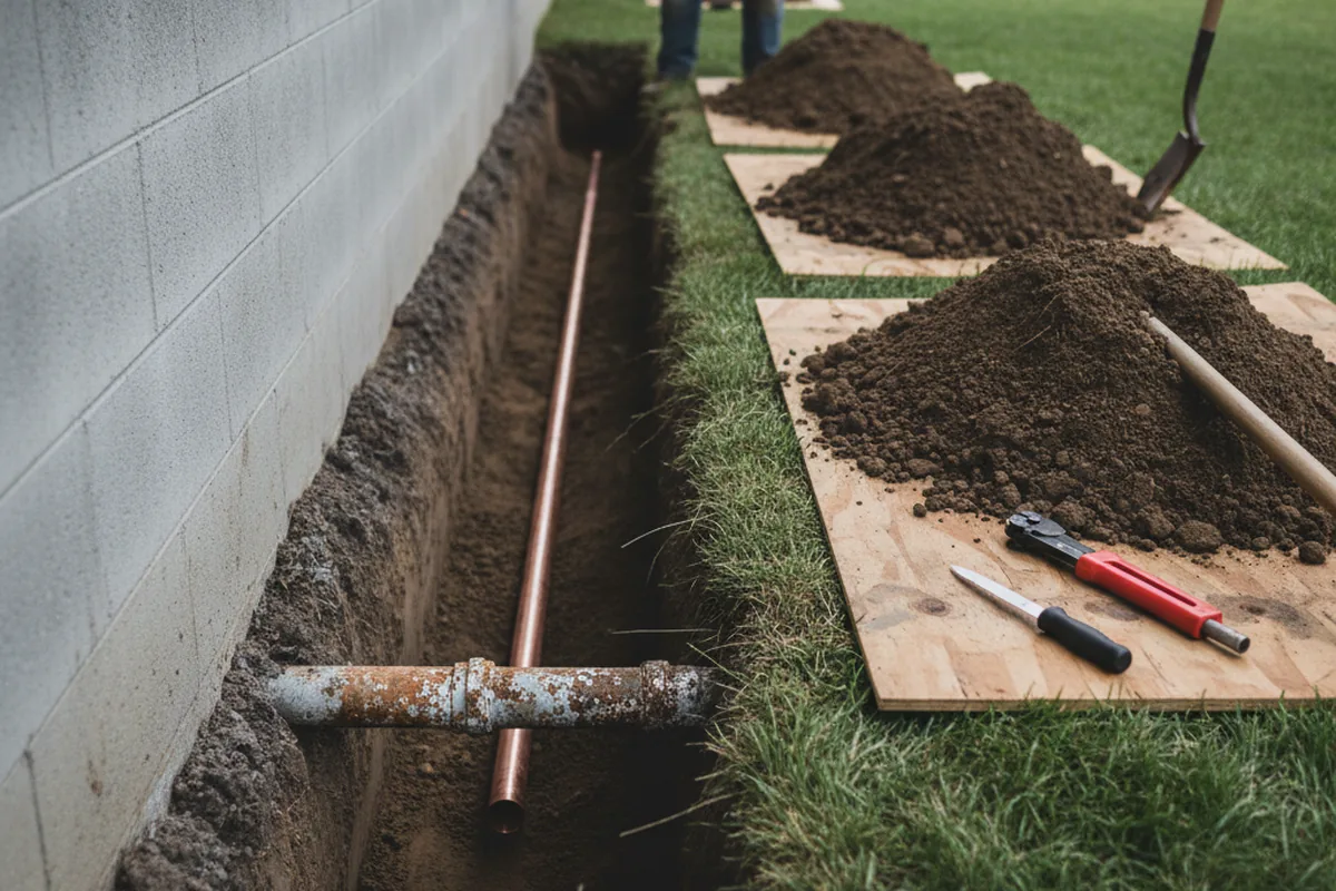 Excavated water line trench during Sewer Line Repair in Mather